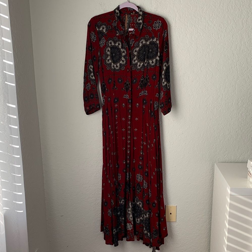 Aratta Silent Journey Flowy Red Patterned Pockets Maxi Shirt Dress Size M